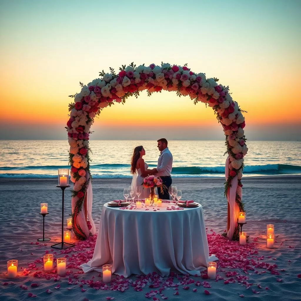 Beachside engagement setup at sunset in Dubai