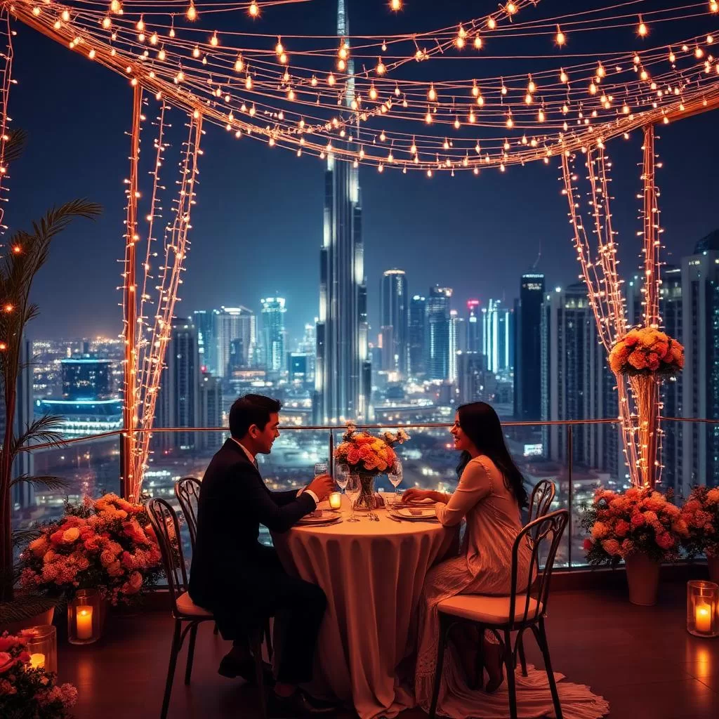 Rooftop engagement celebration with city views in Dubai